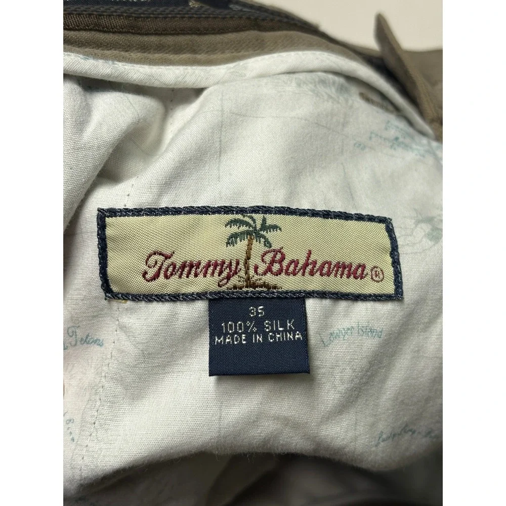 Tommy Bahama 100% Silk Pleated Herringbone Trousers Mens 35X27 Khaki Cuffed Wide
